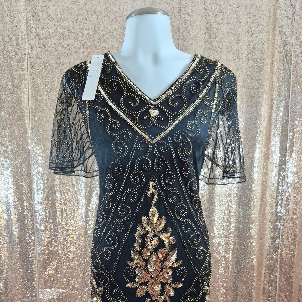 Black Gold Flapper 1920s Gatsby Beaded Sequin Fringe Gown NWT/Sizes XL-2XL-3XL